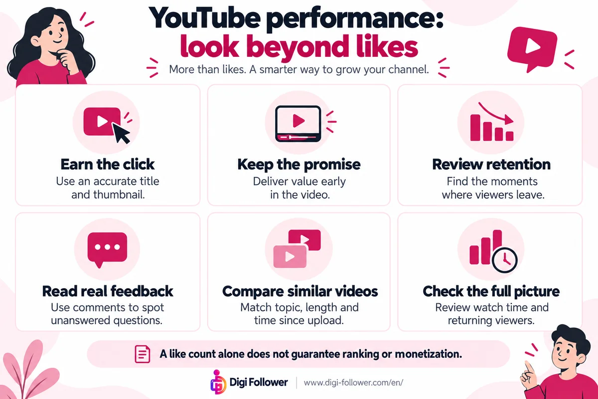 YouTube performance checklist covering thumbnails, early value, audience retention, comments and returning viewers.
