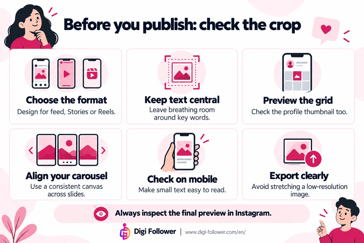 Instagram image checklist covering format, text placement, grid preview, carousel consistency and mobile readability.