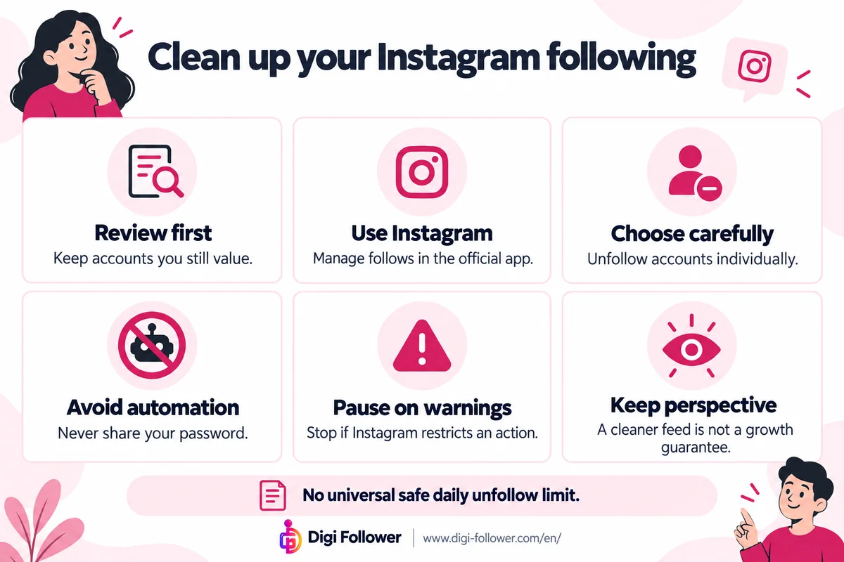 Six tips for reviewing Instagram follows, using the official app and pausing if an action is restricted.