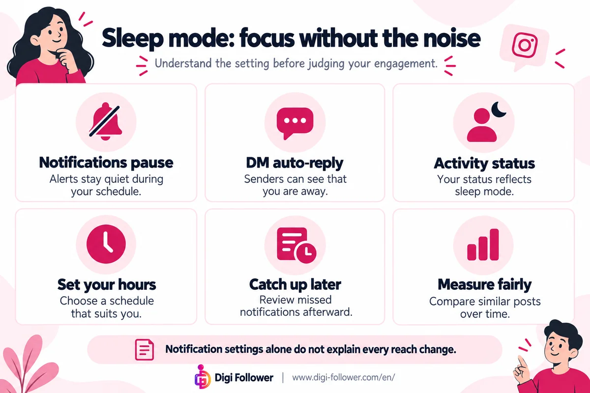 Instagram sleep mode guide showing paused notifications, DM auto-replies, schedules and reviewing engagement fairly.
