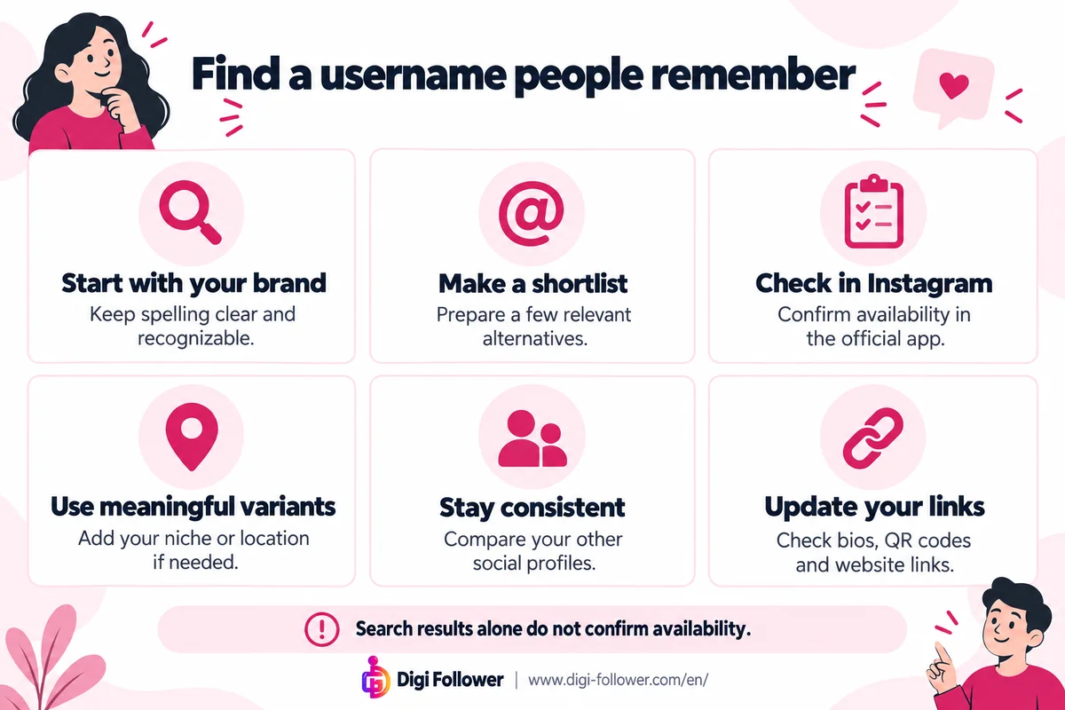 Checklist for choosing a memorable Instagram username, checking availability and updating profile links.