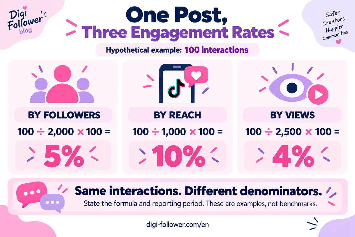 Example with 100 interactions: 5% by 2,000 followers, 10% by 1,000 accounts reached, and 4% by 2,500 views.