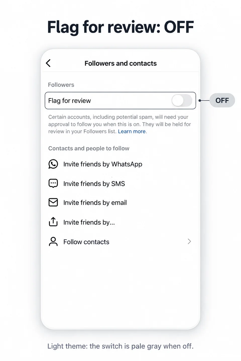 Flag for review OFF: pale gray switch with its thumb on the left in the light theme