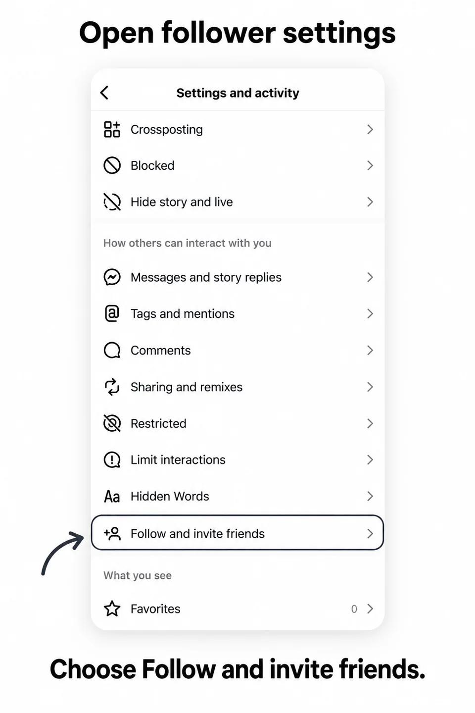 Educational illustration highlighting Follow and invite friends in Instagram settings