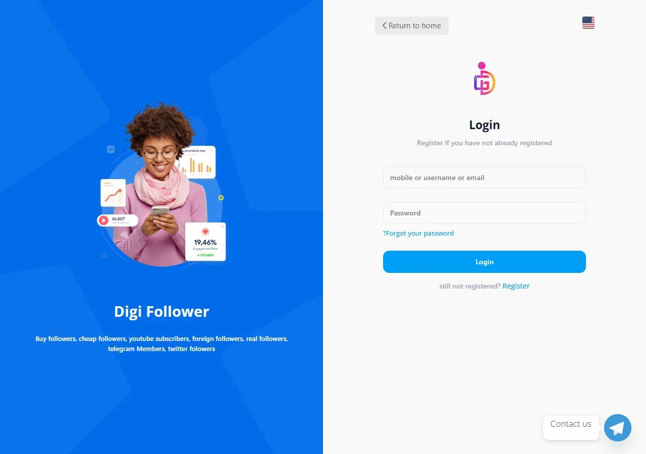Digi Follower English login screen with account identifier, password and Register link