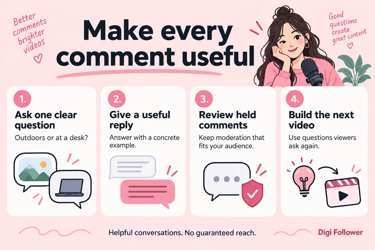 Four ways to make TikTok comments useful: ask a specific question, give a concrete reply, review held comments, and use repeated questions for a follow-up video.