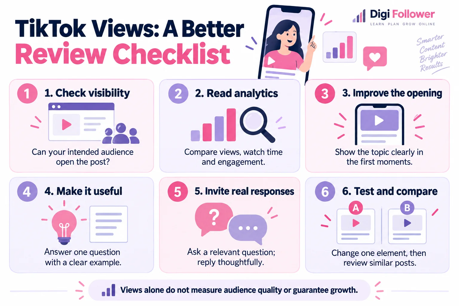 TikTok views checklist: check analytics, improve your opening, answer audience questions, and compare results fairly.