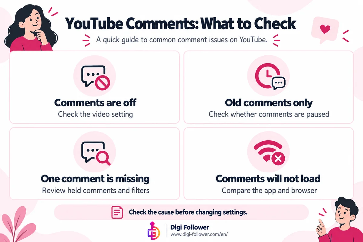 YouTube comments checklist: check whether comments are off, paused, held for review, or not loading