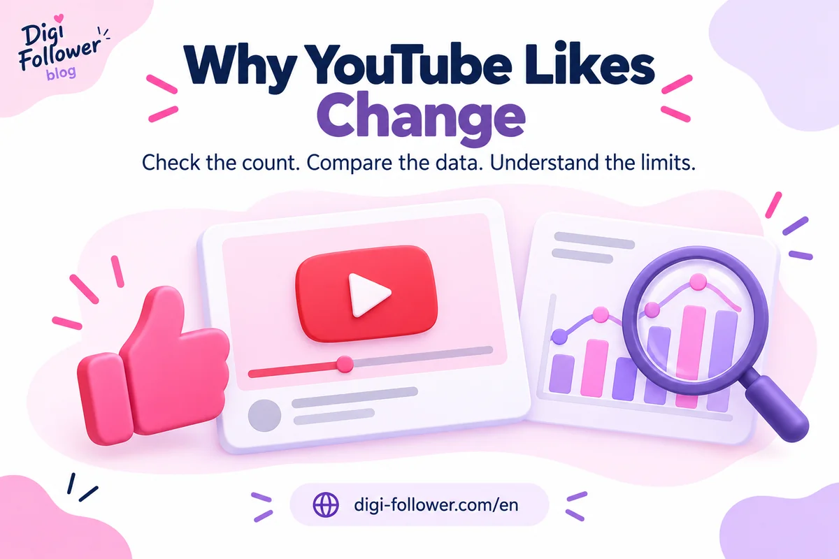 YouTube video likes and analytics illustrated with a magnifier to investigate changing counts.