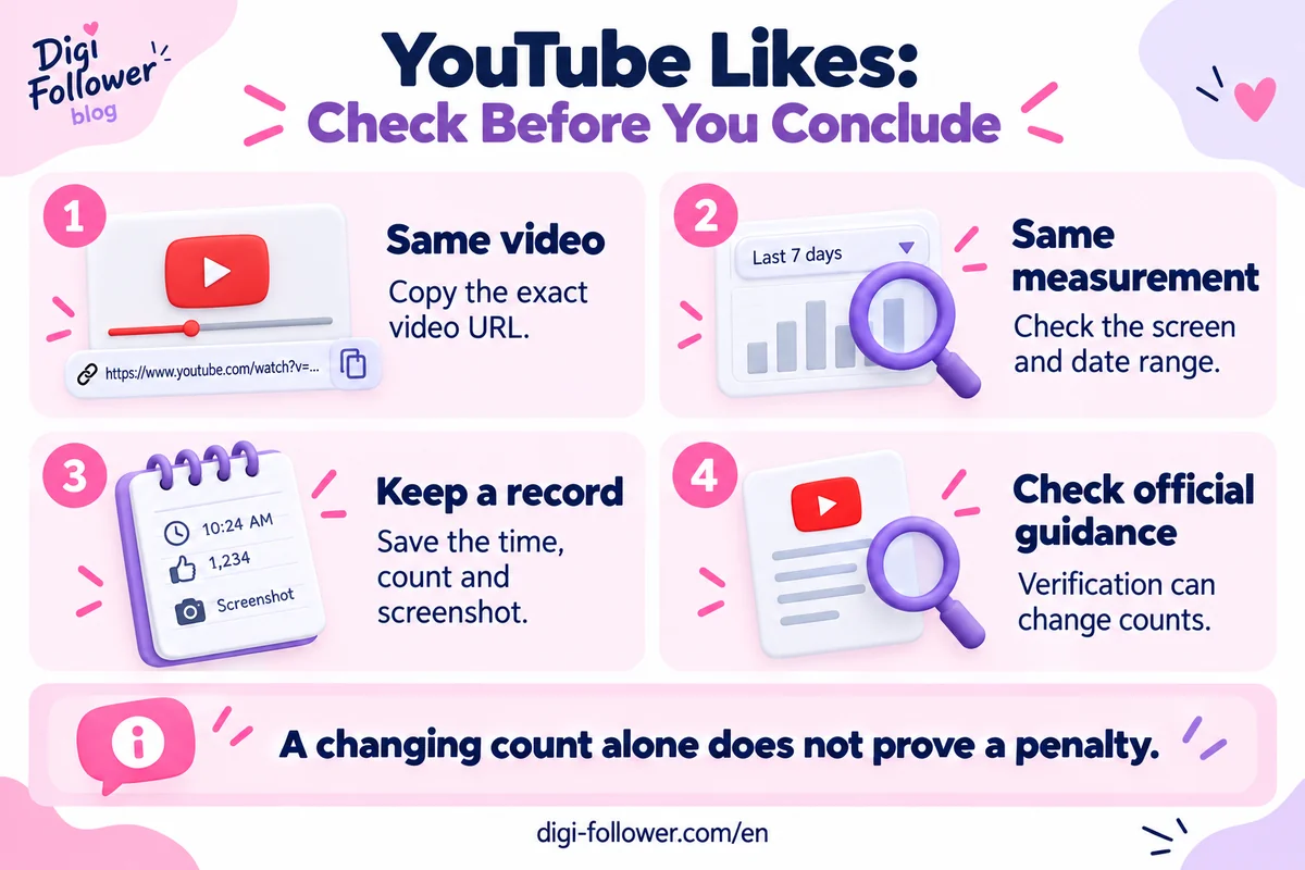YouTube likes troubleshooting: compare the same video and measurement, keep a record and check official guidance.