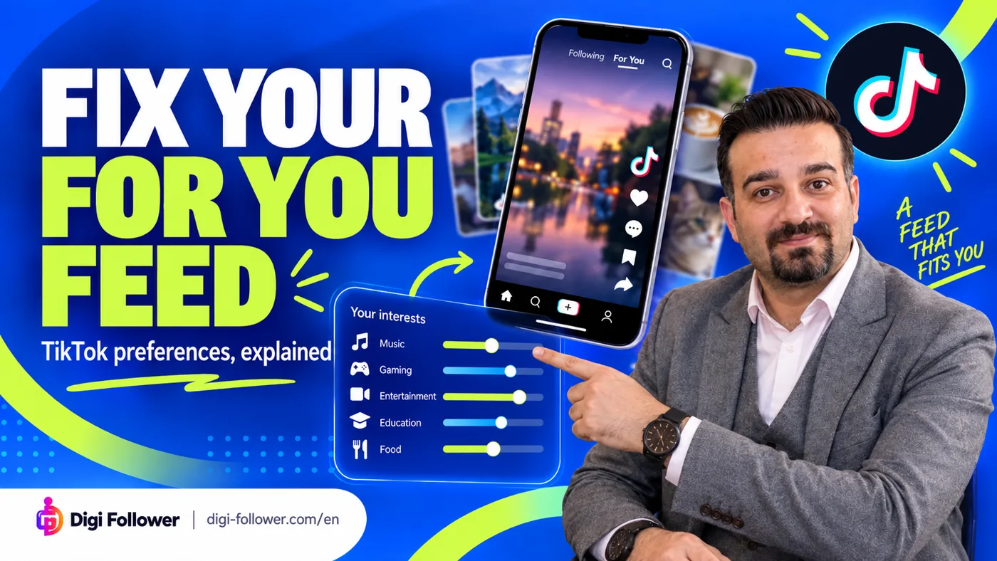 Digi Follower presenter pointing to TikTok topic controls beside the title Fix Your For You Feed.