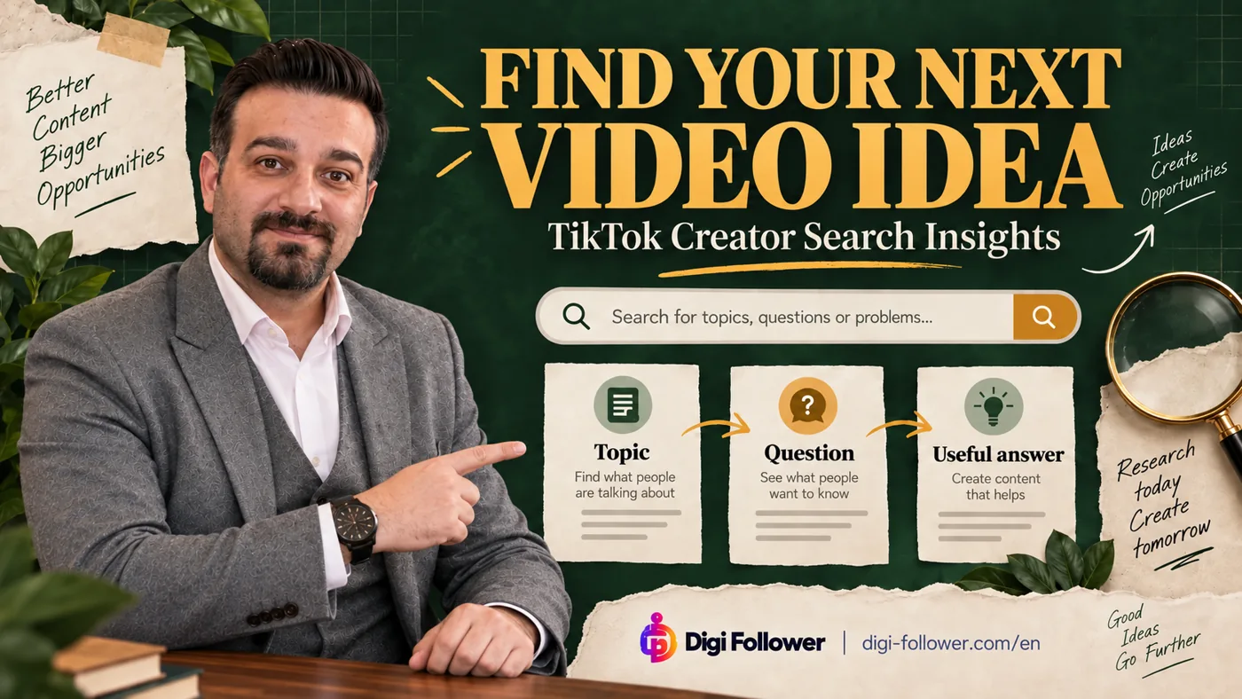 Digi Follower presenter pointing to topic, question and useful-answer cards beside Find Your Next Video Idea.