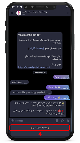 شارژ حساب در ربات خرید آسان از دیجی فالوور4
