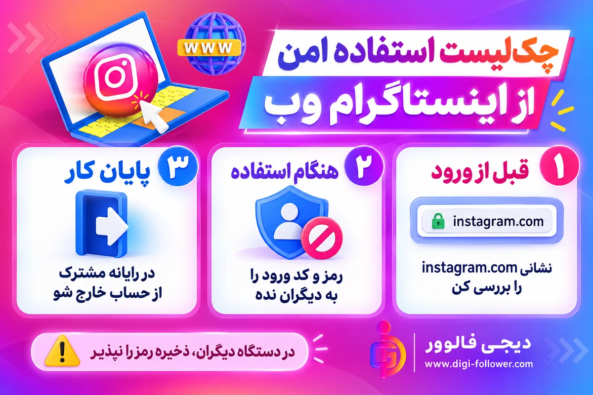 چک‌لیست استفاده امن از اینستاگرام وب: بررسی نشانی، حفاظت از رمز و خروج در رایانه مشترک؛ دیجی فالوور